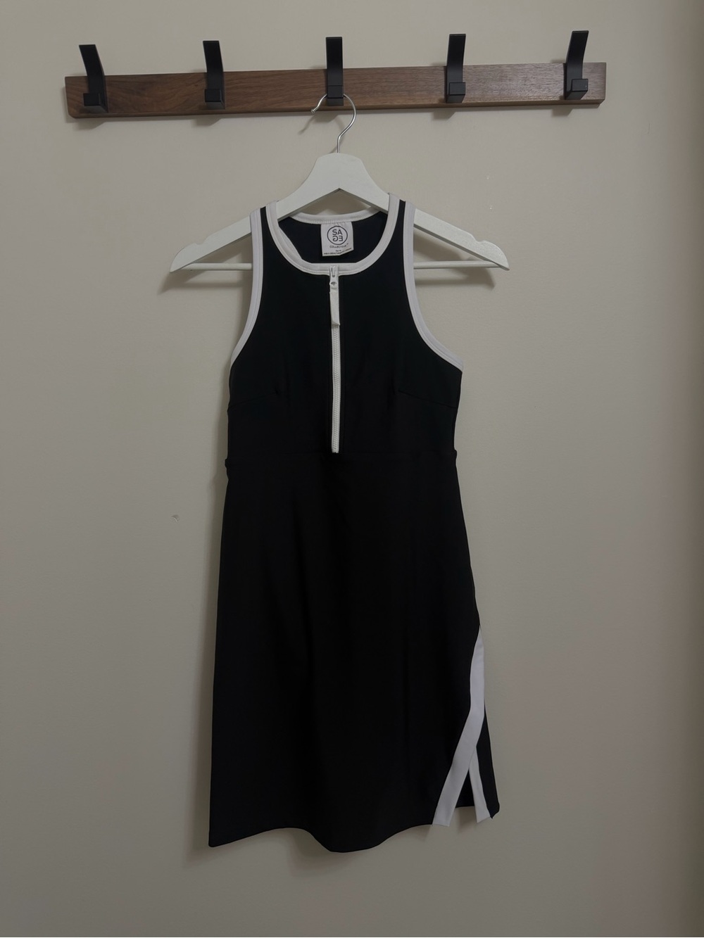 Sage Black Mini Dress with White Trim and Front Zip